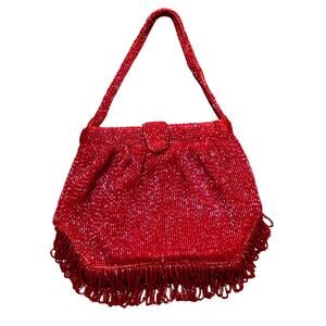 Vintage Richere red beaded evening bag purse Art Deco flapper fringe top handle